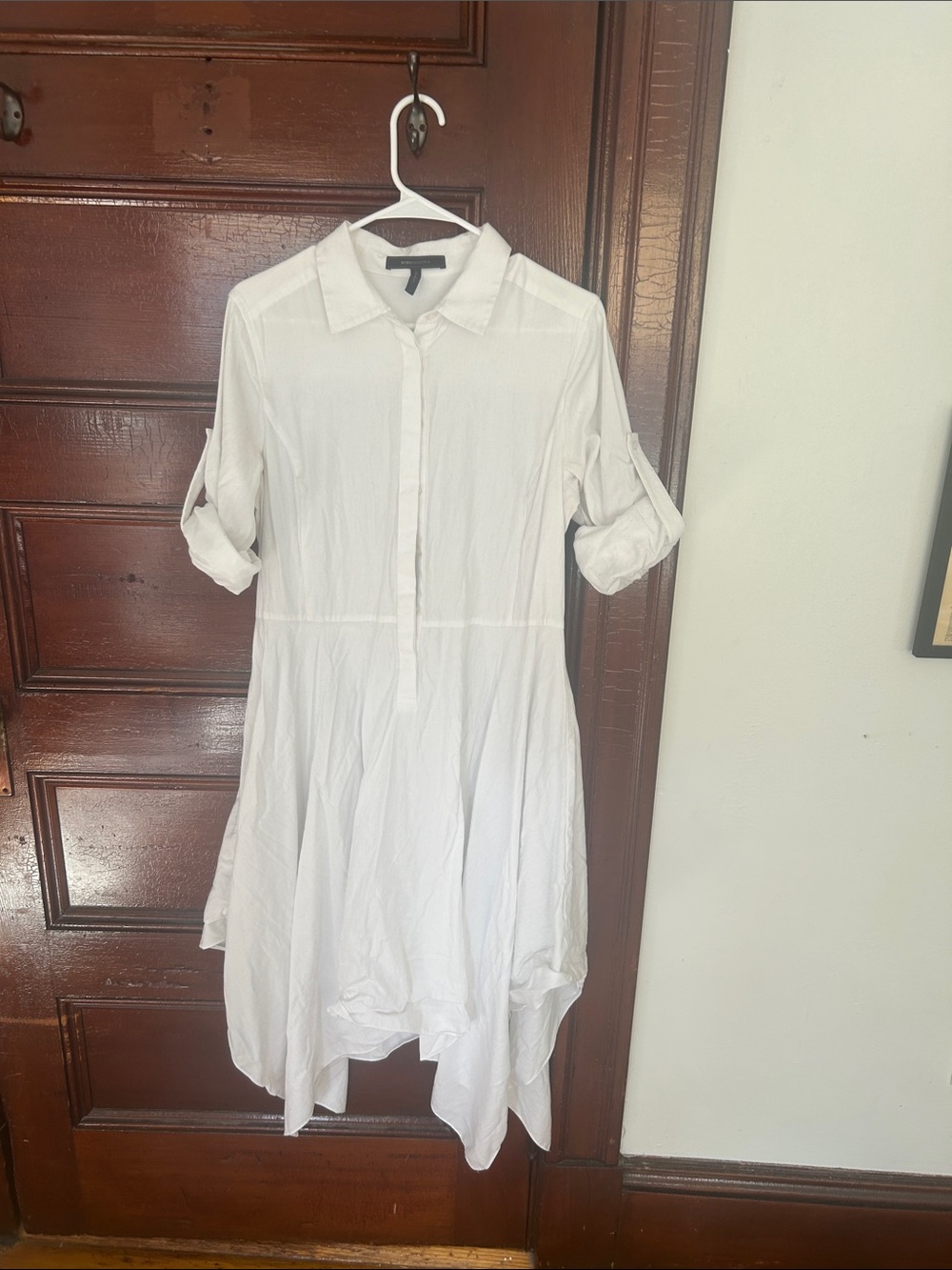 BCBGMaxAzria White High-Low Shirt Dress with Handkerchief Hem